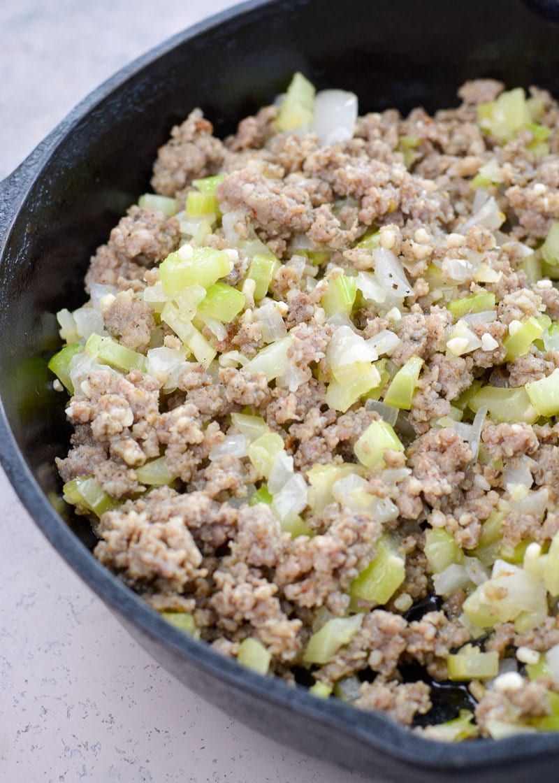 This Easy Keto Sausage Stuffing is loaded with flavor, naturally gluten free, and has about 5 net carbs per serving! This low carb side dish is perfect for all of your holiday gatherings! 