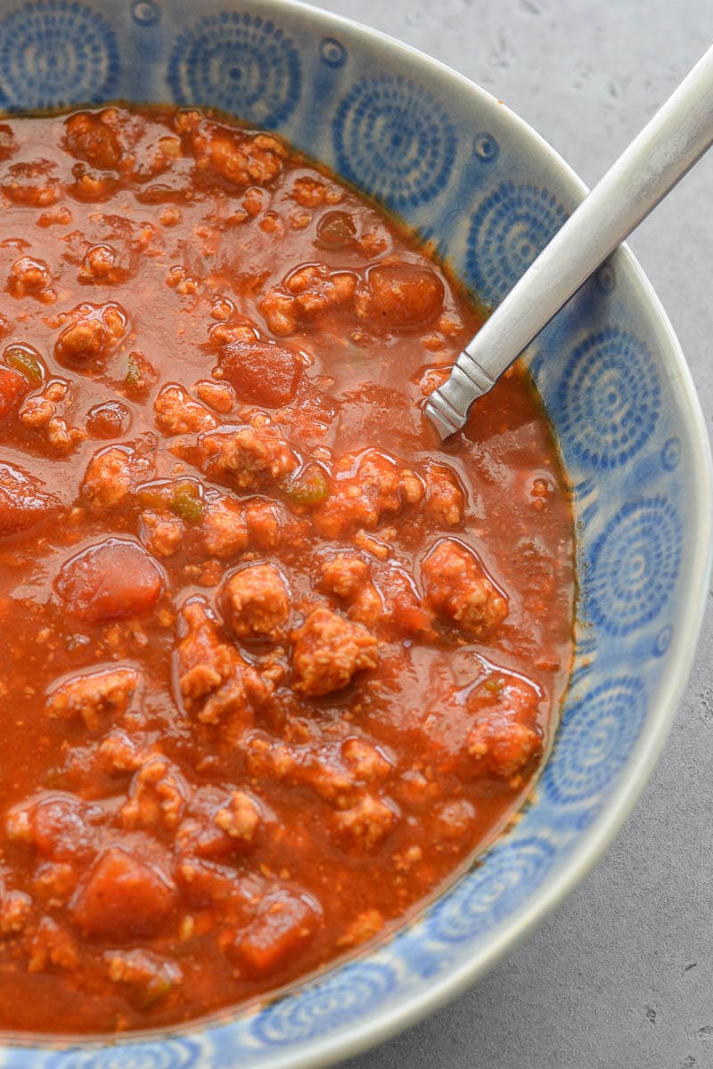 A bowl full of Instant Pot chili without beans. 