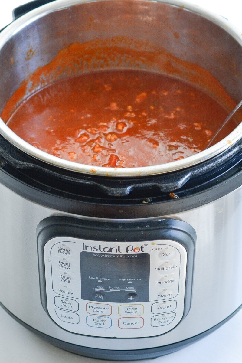 This Instant Pot No Bean Chili is loaded with ground beef, tomatoes and spices! This keto-friendly chili recipe has just 15 minutes cooking time and about 8 net carbs per serving!