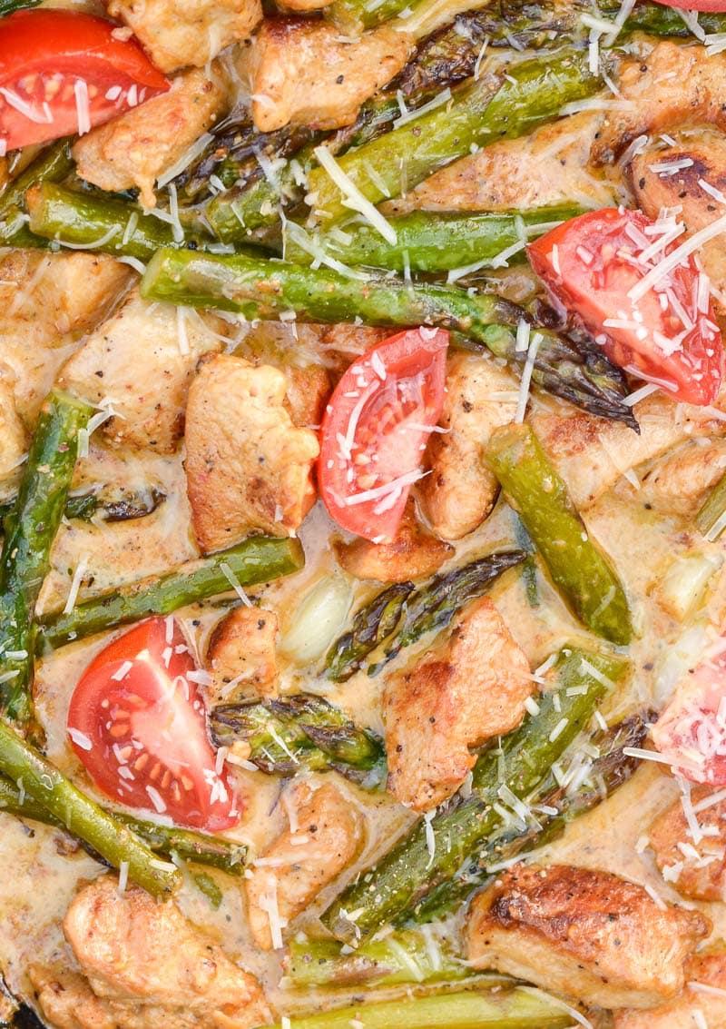 Keto Tuscan Chicken with Asparagus is an easy one pan low carb meal! Packed with seasoned chicken, tender asparagus and a rich parmesan cream sauce this will be a new family favorite!