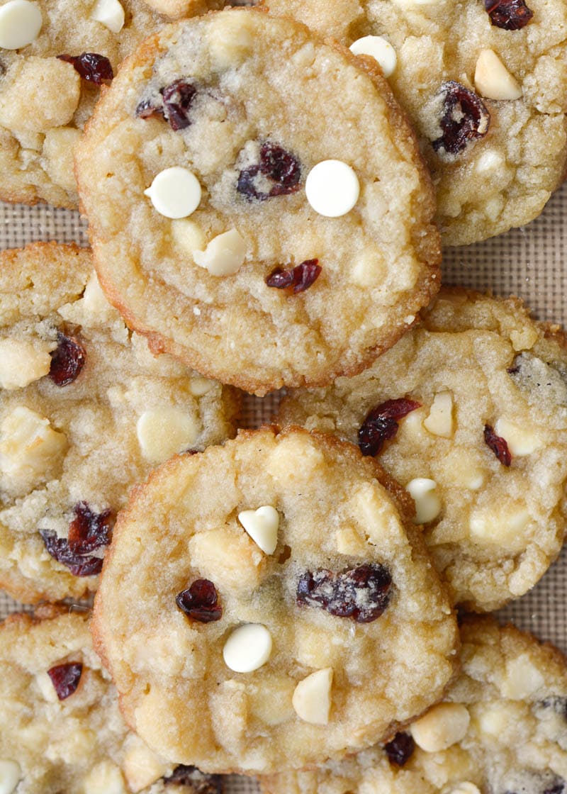 These Cranberry White Chocolate Macadamia Nut Cookies are the perfect low carb cookie! Each cookie is packed with sweet white chocolate chips, sweet dried cranberries and salty macadamia nuts, for about 4 net carbs each!