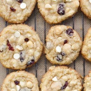 These Cranberry White Chocolate Macadamia Nut Cookies are the perfect low carb cookie! Each cookie is packed with sweet white chocolate chips, sweet dried cranberries and salty macadamia nuts, for about 4 net carbs each!