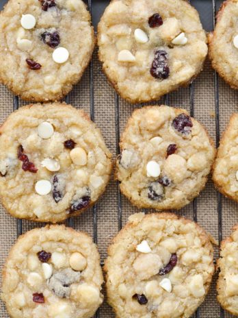 These Cranberry White Chocolate Macadamia Nut Cookies are the perfect low carb cookie! Each cookie is packed with sweet white chocolate chips, sweet dried cranberries and salty macadamia nuts, for about 4 net carbs each!