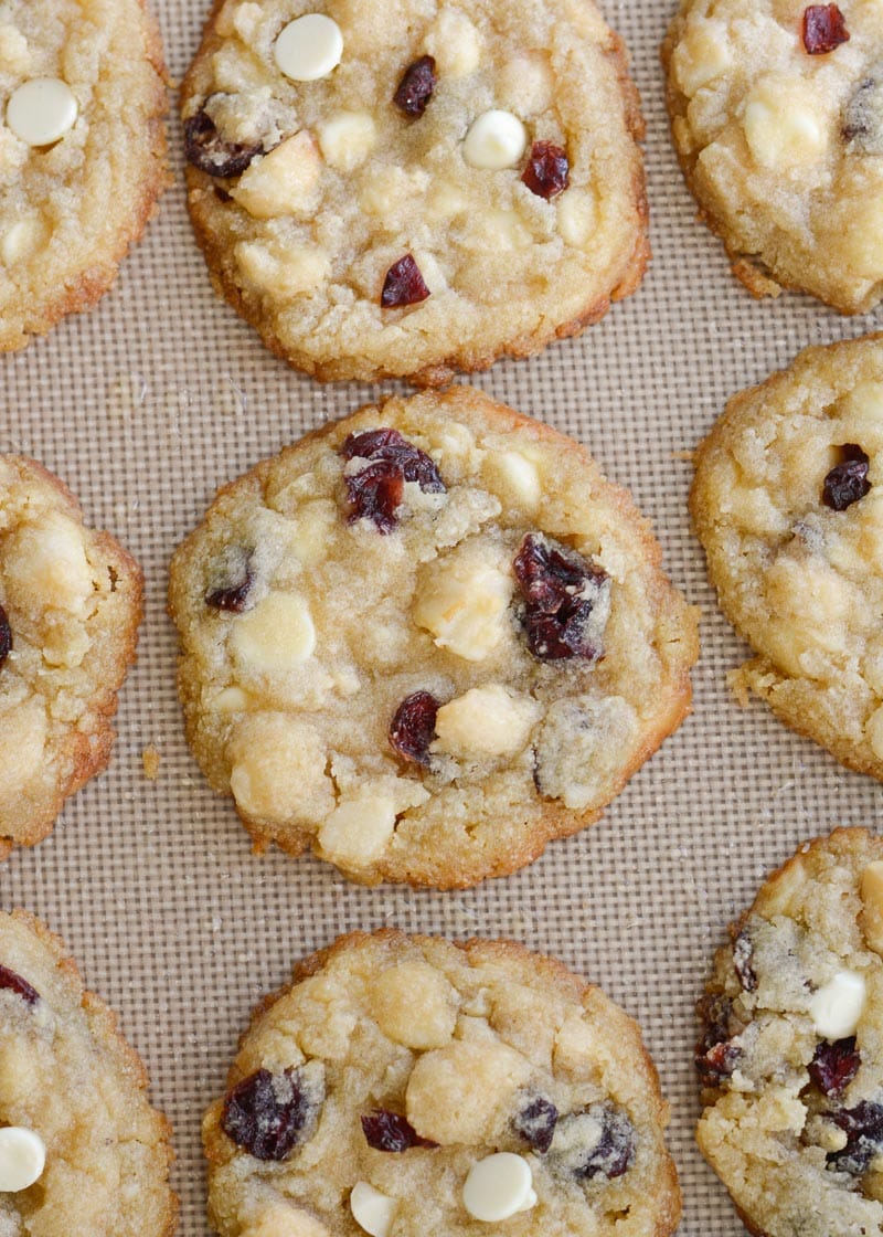 These Cranberry White Chocolate Macadamia Nut Cookies are the perfect low carb cookie! Each cookie is packed with sweet white chocolate chips, sweet dried cranberries and salty macadamia nuts, for about 4 net carbs each!