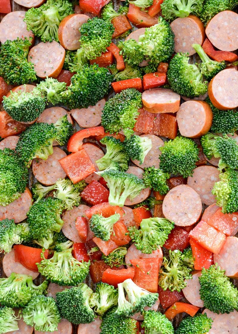 This Keto Sausage Veggie Sheet Pan Dinner uses one pan, is ready in 30 minutes and has under 7 net carbs per serving! 