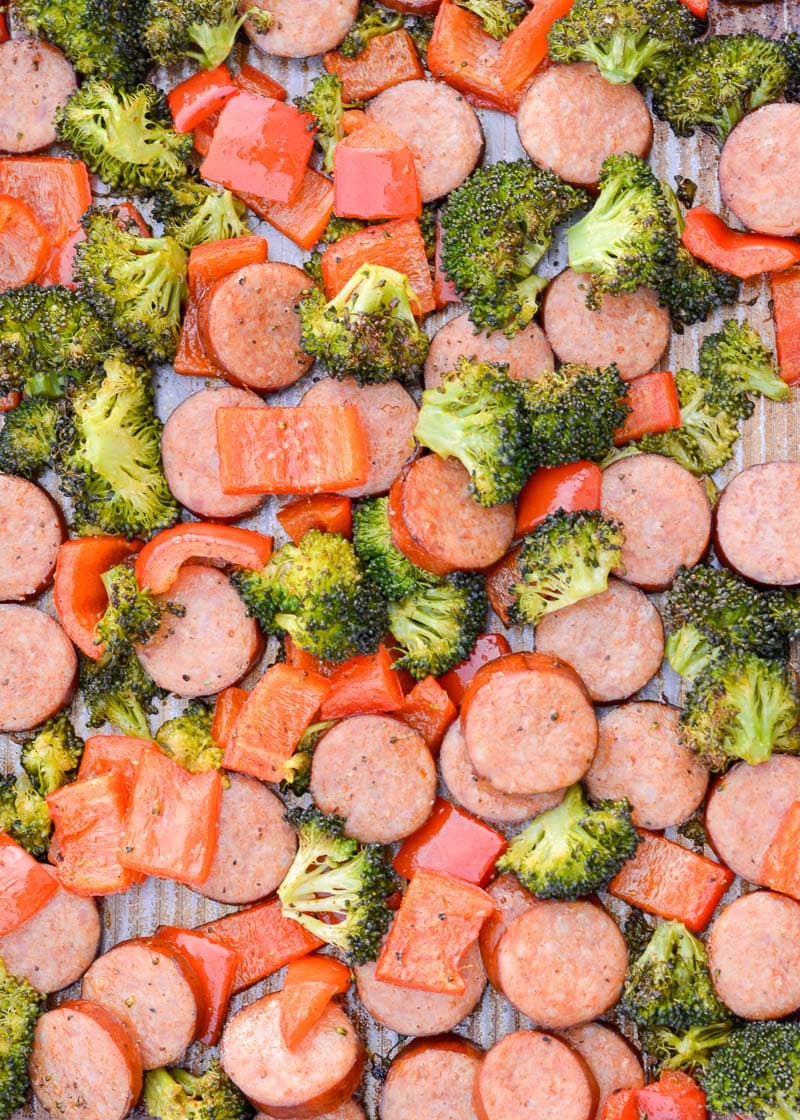 This Keto Sausage Veggie Sheet Pan Dinner uses one pan, is ready in 30 minutes and has under 7 net carbs per serving! 