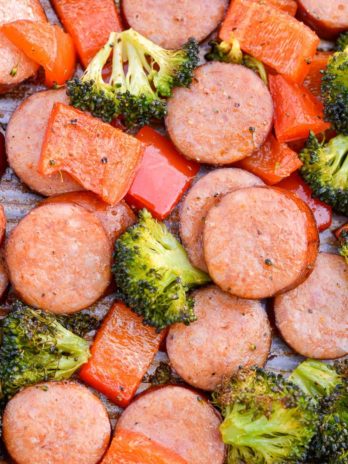 This Keto Sausage Veggie Sheet Pan Dinner uses one pan, is ready in 30 minutes and has under 7 net carbs per serving! 