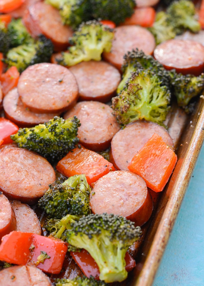 This Keto Sausage Veggie Sheet Pan Dinner uses one pan, is ready in 30 minutes and has under 7 net carbs per serving! 