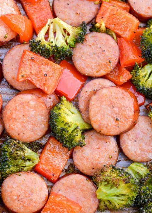 This Keto Sausage Veggie Sheet Pan Dinner uses one pan, is ready in 30 minutes and has under 7 net carbs per serving! 