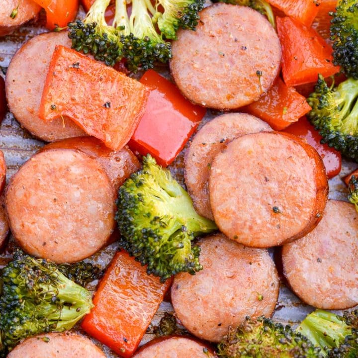 This Keto Sausage Veggie Sheet Pan Dinner uses one pan, is ready in 30 minutes and has under 7 net carbs per serving! 