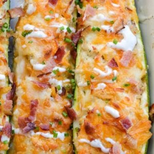 These Chicken Bacon Ranch Zucchini Boats are loaded with tender chicken, crispy bacon and loads of cheese! Each zucchini boat is just 2.5 net carbs each making it the perfect keto dinner! 