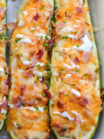 These Chicken Bacon Ranch Zucchini Boats are loaded with tender chicken, crispy bacon and loads of cheese! Each zucchini boat is just 2.5 net carbs each making it the perfect keto dinner! 