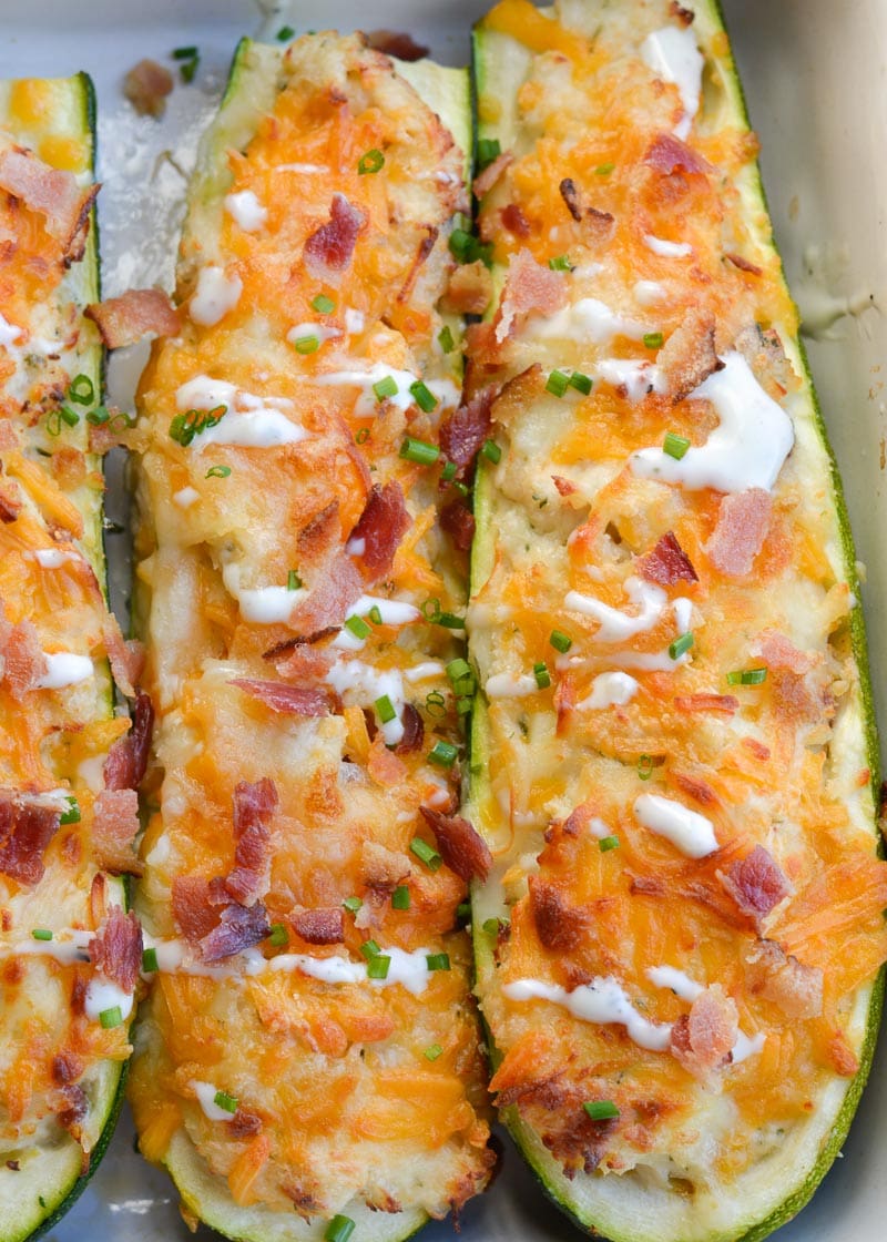 These Chicken Bacon Ranch Zucchini Boats are loaded with tender chicken, crispy bacon and loads of cheese! Each zucchini boat is just 2.5 net carbs each making it the perfect keto dinner! 