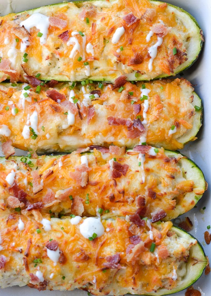 These Chicken Bacon Ranch Zucchini Boats are loaded with tender chicken, crispy bacon and loads of cheese! Each zucchini boat is just 2.5 net carbs each making it the perfect keto dinner! 