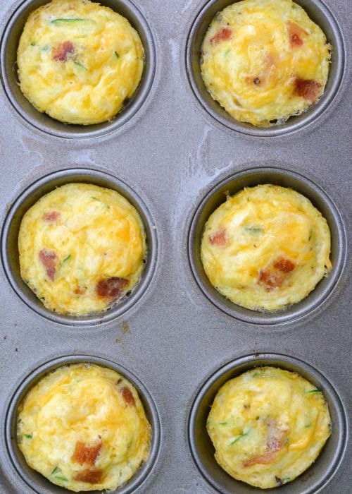 These savory Bacon Egg and Zucchini Bites are loaded with fresh veggies, salty bacon and tons of each! Each mini muffin has just 0.2 net carbs each making them an amazing keto breakfast option!