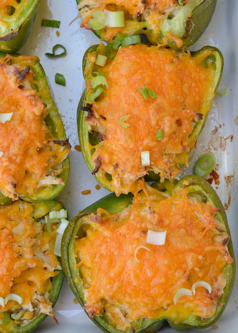 These six ingredient Green Chile Chicken Stuffed Peppers have under 5 net carbs per serving! Packed with chicken, cheese and spices this is an easy dinner your entire family will love!