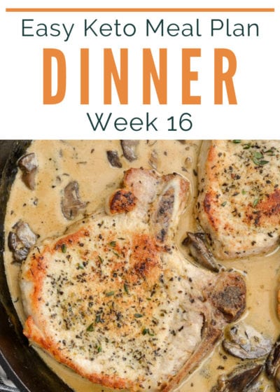 Week 16 of my Easy Keto Meal Plan includes 5 EASY keto meals plus a low-carb dessert you can meal prep! This guide is complete with net carb counts and a printable shopping list.