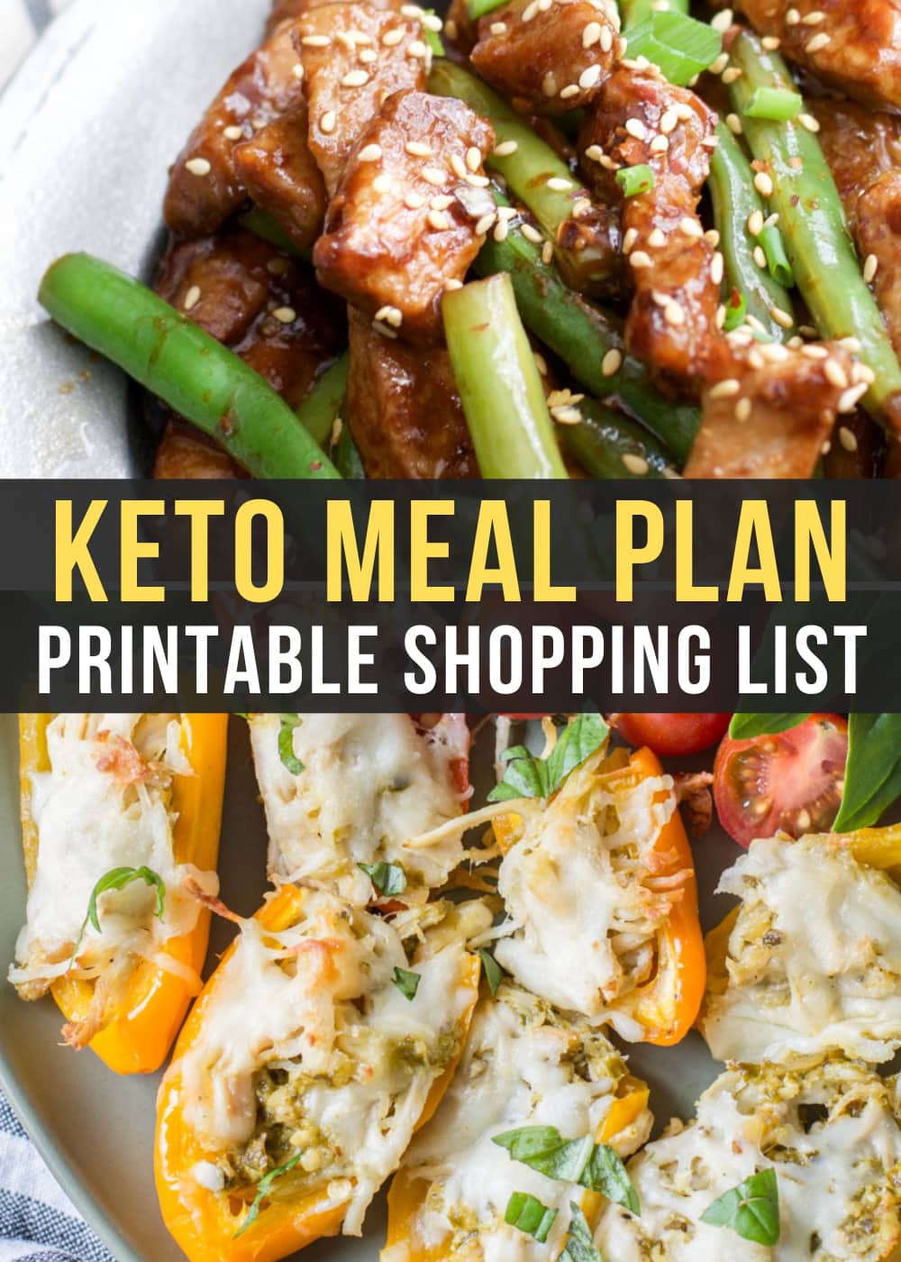 Week 14 of Easy Keto Meal Plan includes low carb Sesame Pork and Green Beans as well as Chicken Pesto Stuffed Sweet Peppers!