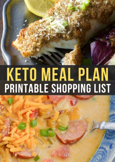 Week 15 of the Easy Keto Meal Plan includes tasty low-carb dishes like Cheesy Smoked Sausage Soup and Parmesan Crusted Halibut!