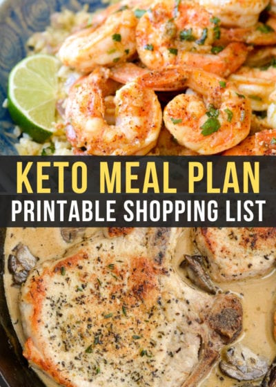 This week's Easy Keto Meal Plan includes Cilantro Lime Shrimp and Cauliflower Rice and Pork Chops with Mushroom Sauce!