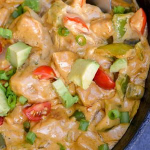 This One Pan Cheesy Fajita Chicken is a delicious combo of flavorful chicken, fresh veggies and an amazing cheese sauce your family will devour! Great for low carb meal-prepping and clean up is a breeze!