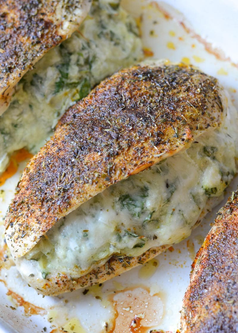 This low-carb Spinach Artichoke Stuffed Chicken is a keto 30-minute dinner dream! It’s super juicy and mega flavorful–Even better, it all cooks in one pan for easy cleanup!