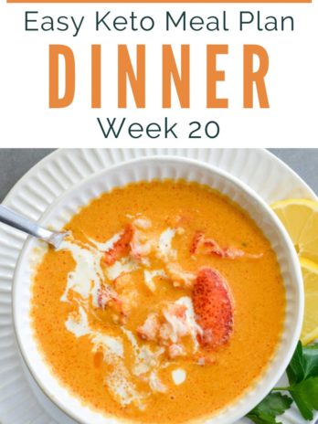 Week Easy 20 Keto Meal Plan includes 5 easy keto dinners plus a low-carb dessert! This guide is complete with net carb counts, serving amounts, and a printable shopping list.