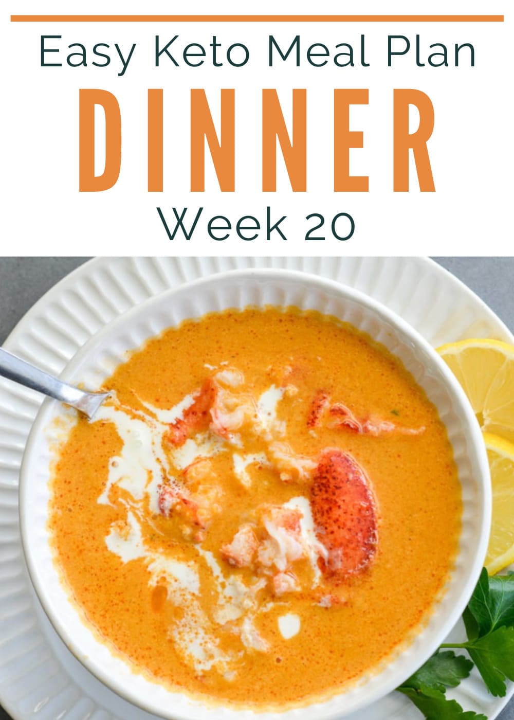 Week Easy 20 Keto Meal Plan includes 5 easy keto dinners plus a low-carb dessert! This guide is complete with net carb counts, serving amounts, and a printable shopping list.