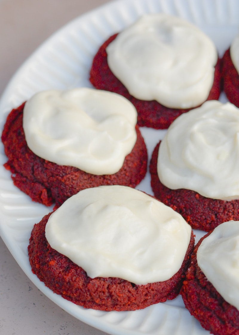 These soft and chewy Keto Red Velvet Cookies have a hint of cocoa and are covered with a low carb cream cheese frosting! Each sugar free cookie has less than 3 net carbs each!