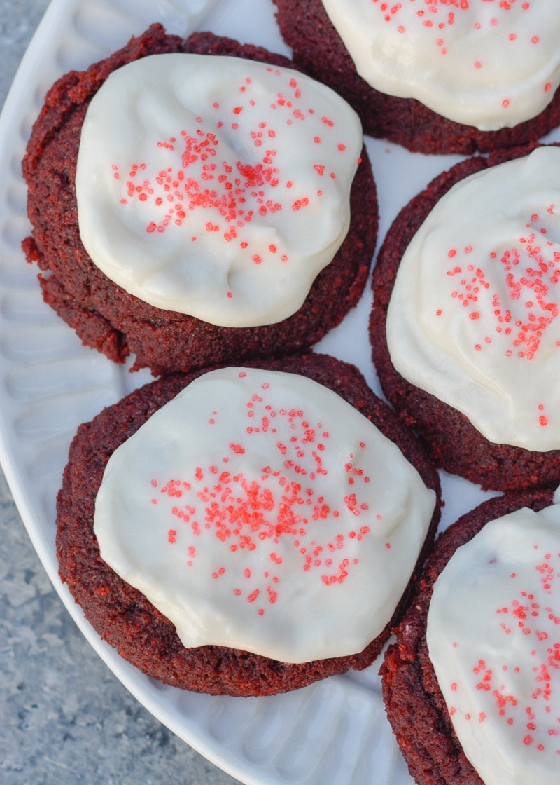 These soft and chewy Keto Red Velvet Cookies have a hint of cocoa and are covered with a low carb cream cheese frosting! Each sugar free cookie has less than 3 net carbs each!