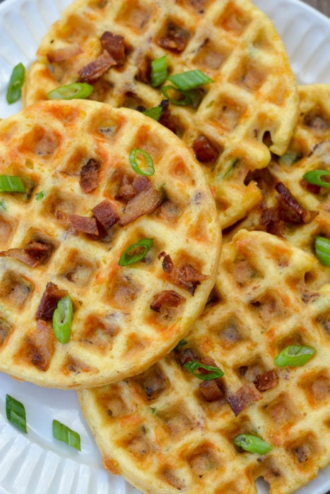 These low-carb Bacon Cheddar Chaffles are the perfect savory keto breakfast, lunch, or snack! Easy to meal prep and about 2 net carbs each!