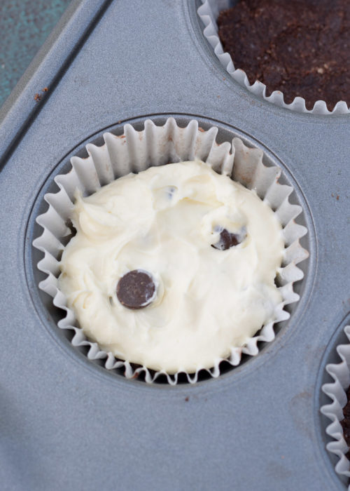 These Mini Keto Chocolate Chip Cheesecakes are so simple to make! Just press the chocolate crust into the muffin liner, spoon in the chocolate chip vanilla filling, and bake!
