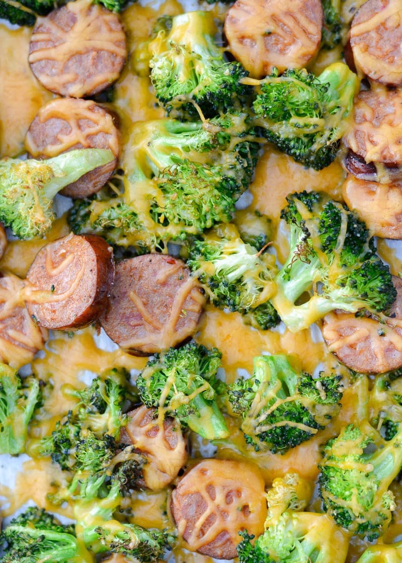 This Sausage Broccoli Cheddar Sheet Pan is the perfect easy weeknight meal! This meal includes four generous servings for less than 7 net carbs each! 