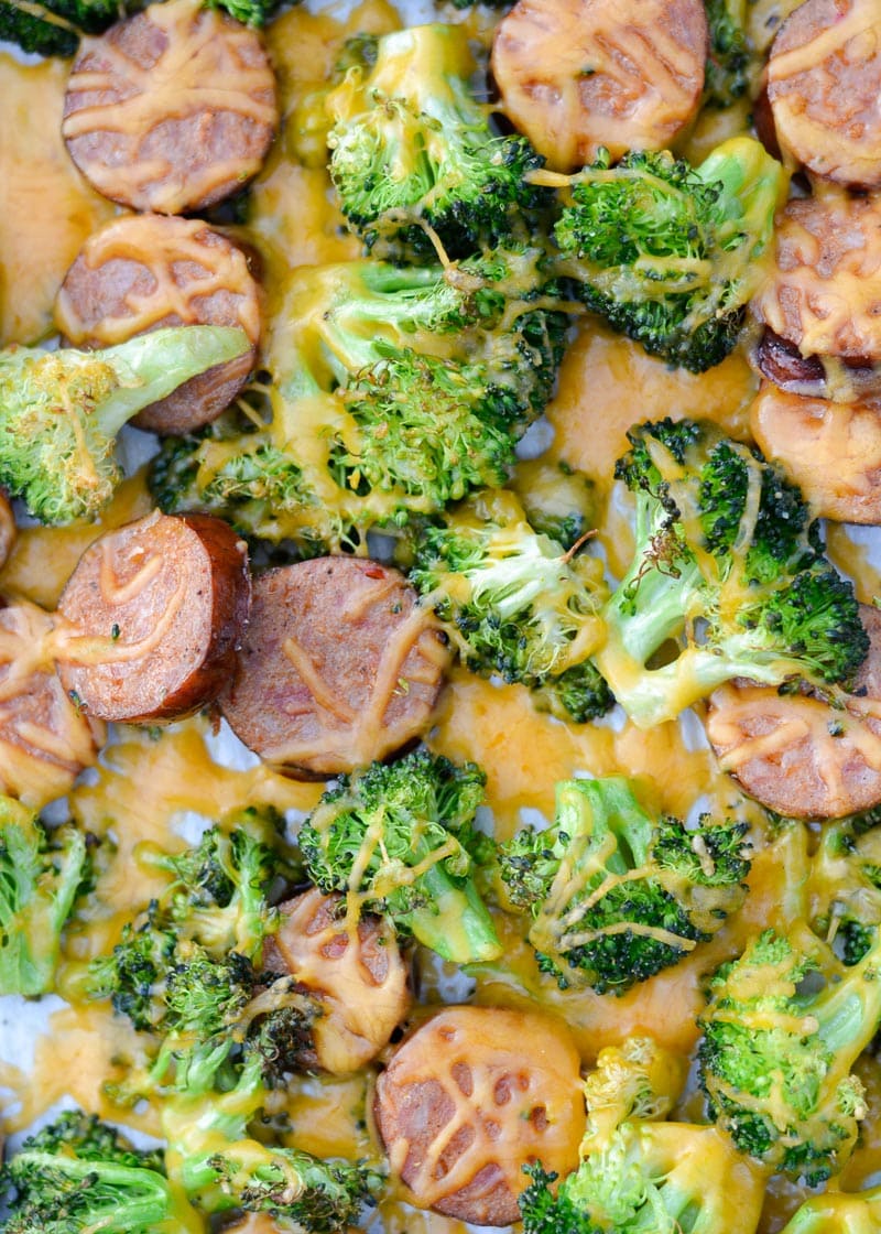 This Sausage Broccoli Cheddar Sheet Pan is the perfect easy weeknight meal! This meal includes four generous servings for less than 7 net carbs each!