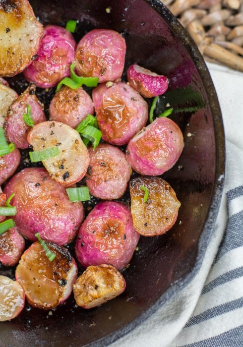 Try these Keto Roasted Radishes for an easy low carb side dish! Each serving is under 2 net carbs and packed with flavor!