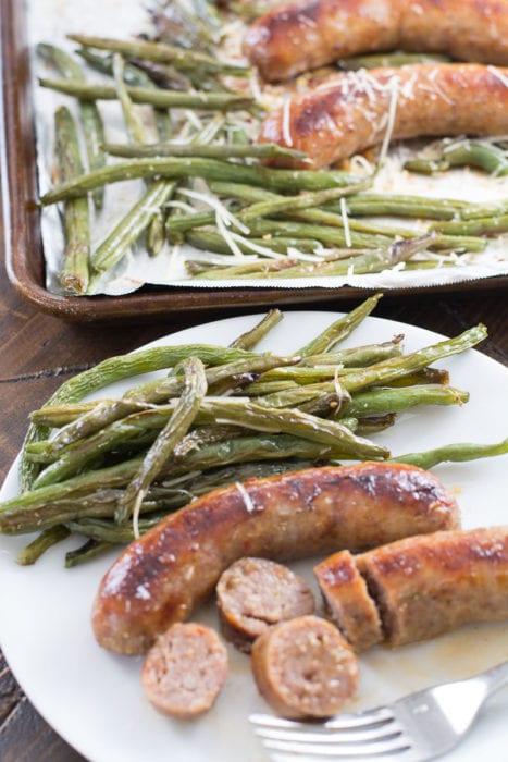 This Sausage and Green Bean Sheet Pan Dinner is ready in 30 minutes, requires no prep and is less than 6 net carbs per serving! This will be your new favorite easy keto dinner recipe!