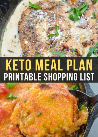 This easy keto meal plan includes delicious one pan keto dinners like Keto Chicken Skillet with Bacon Cream Sauce and an Easy Keto Taco Skillet