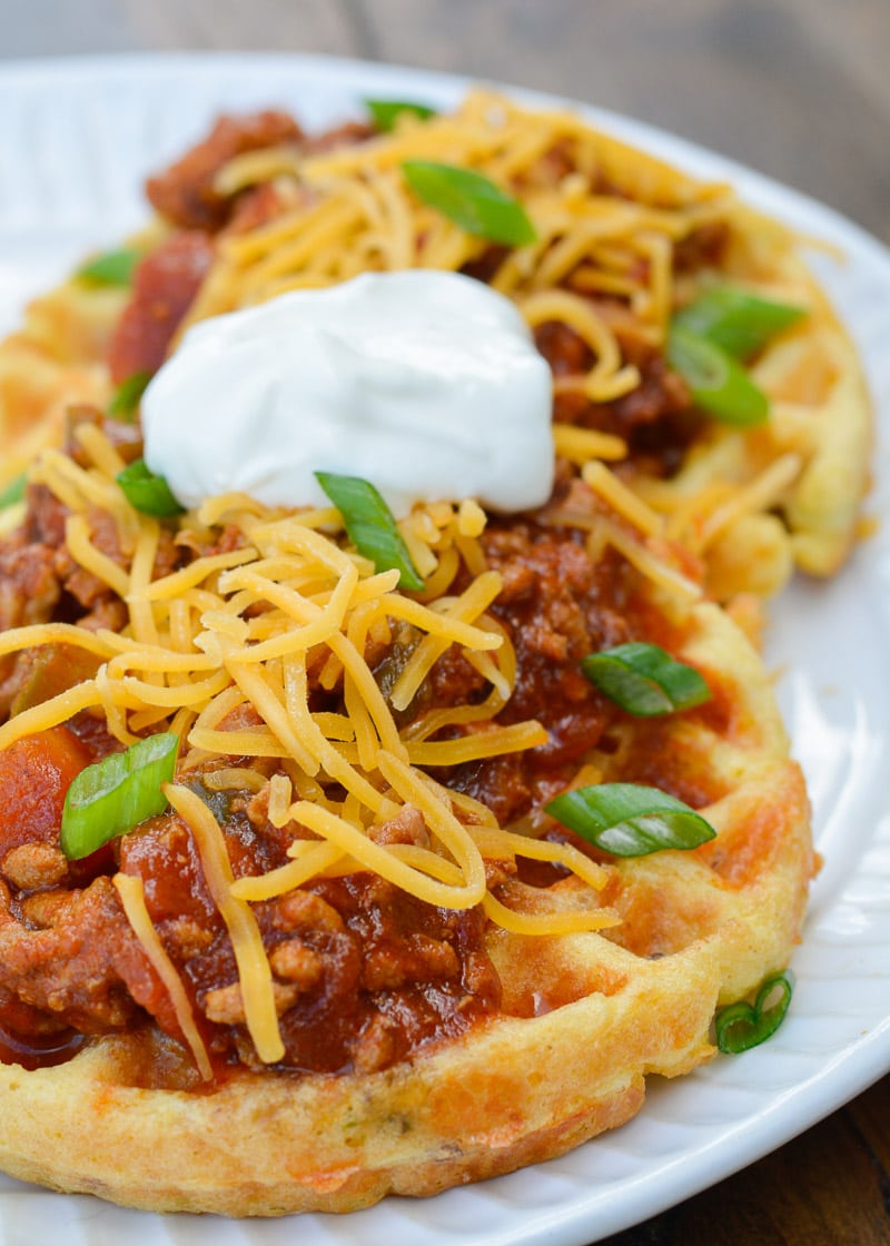 Enjoy a crispy, cheesy chaffle covered with savory keto chili for about three net carbs! These Keto Chili Cheese Chaffles are quick, easy and so satisfying! 