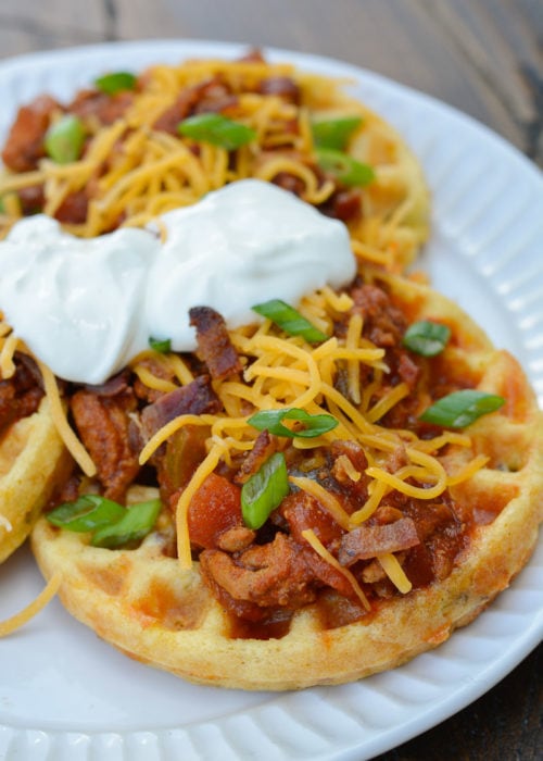 Enjoy a crispy, cheesy chaffle covered with savory keto chili for about three net carbs! These Keto Chili Cheese Chaffles are quick, easy and so satisfying! 