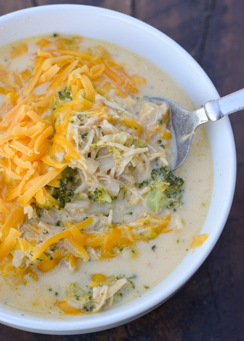 Each generous serving of this Keto Broccoli Cheddar Soup with Chicken has about 4 net carbs! This is the perfect easy, cheesy low carb soup recipe to add to your keto meal plan!