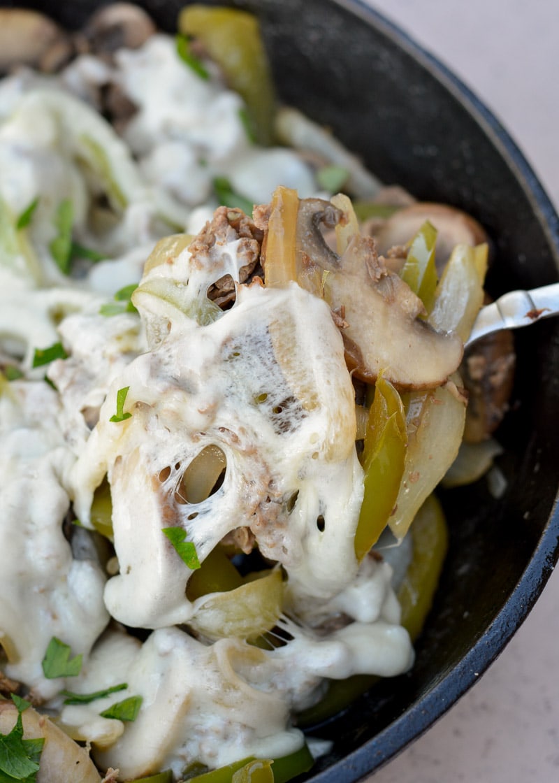 This one pan Steak and Cheese Skillet makes 6 generous servings for about 3 net carbs each!