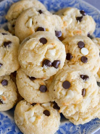 These super easy Keto Cake Mix Cookies require just four ingredients! Each soft and fluffy chocolate chip cookie has less than 2 net carbs each!