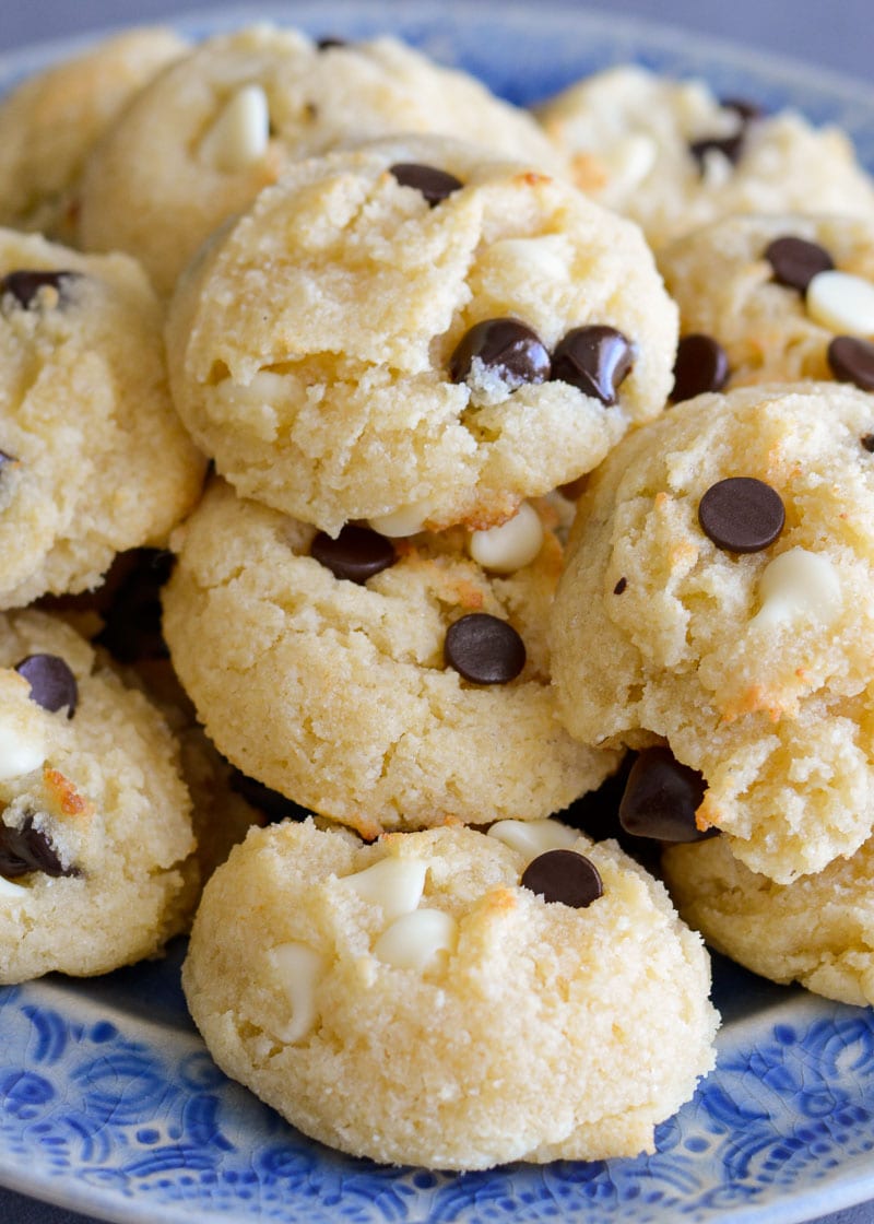 These super easy Keto Cake Mix Cookies require just four ingredients! Each soft and fluffy chocolate chip cookie has less than 2 net carbs each!