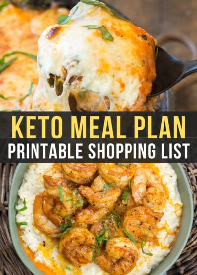 Enjoy five keto dinners like the One Pan Lasagna Skillet and Keto Shrimp and Grits in this easy keto meal plan with printable shopping list!