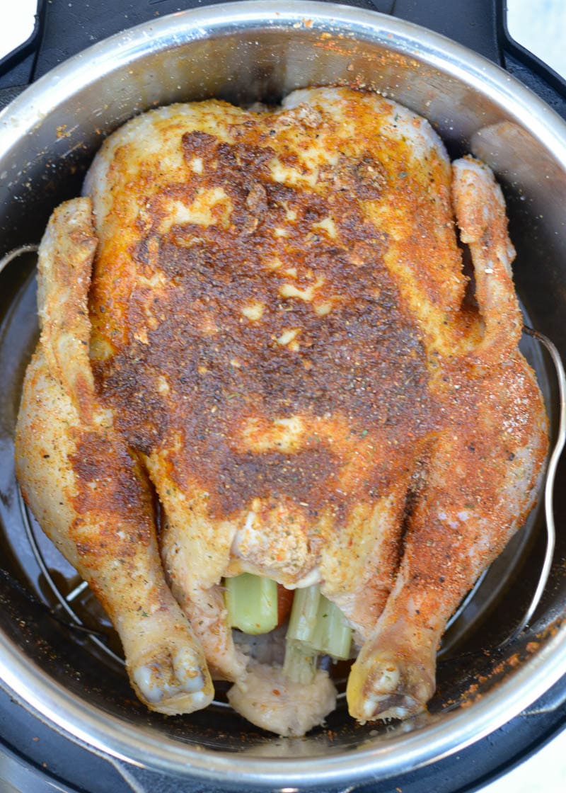 Learn how to make a juicy, flavorful Instant Pot Whole Chicken in less than 30 minutes! This pressure cooker whole chicken recipe is naturally keto-friendly and great for low carb meal prep!