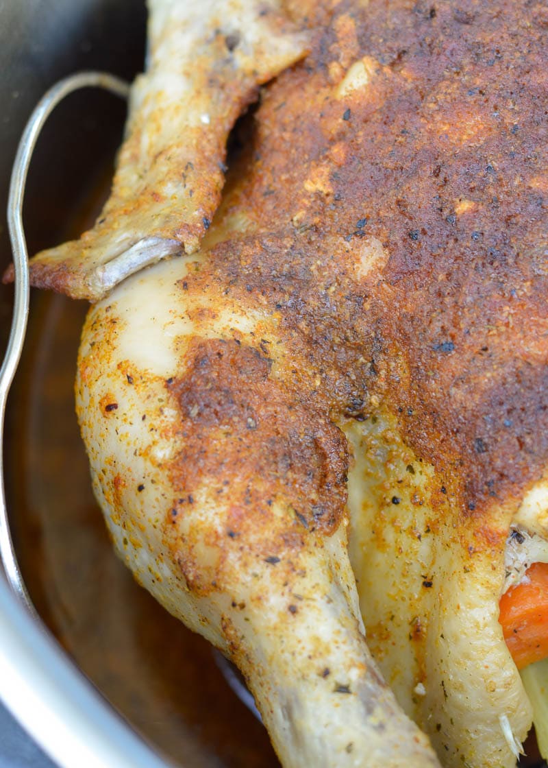 Learn how to make a juicy, flavorful Instant Pot Whole Chicken in less than 30 minutes! This pressure cooker whole chicken recipe is naturally keto-friendly and great for low carb meal prep!