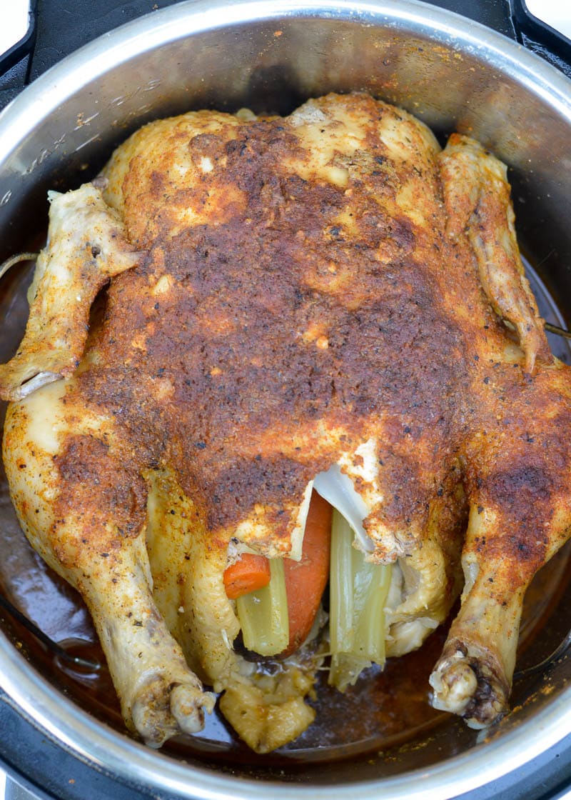 Learn how to make a juicy, flavorful Instant Pot Whole Chicken in less than 30 minutes! This pressure cooker whole chicken recipe is naturally keto-friendly and great for low carb meal prep!