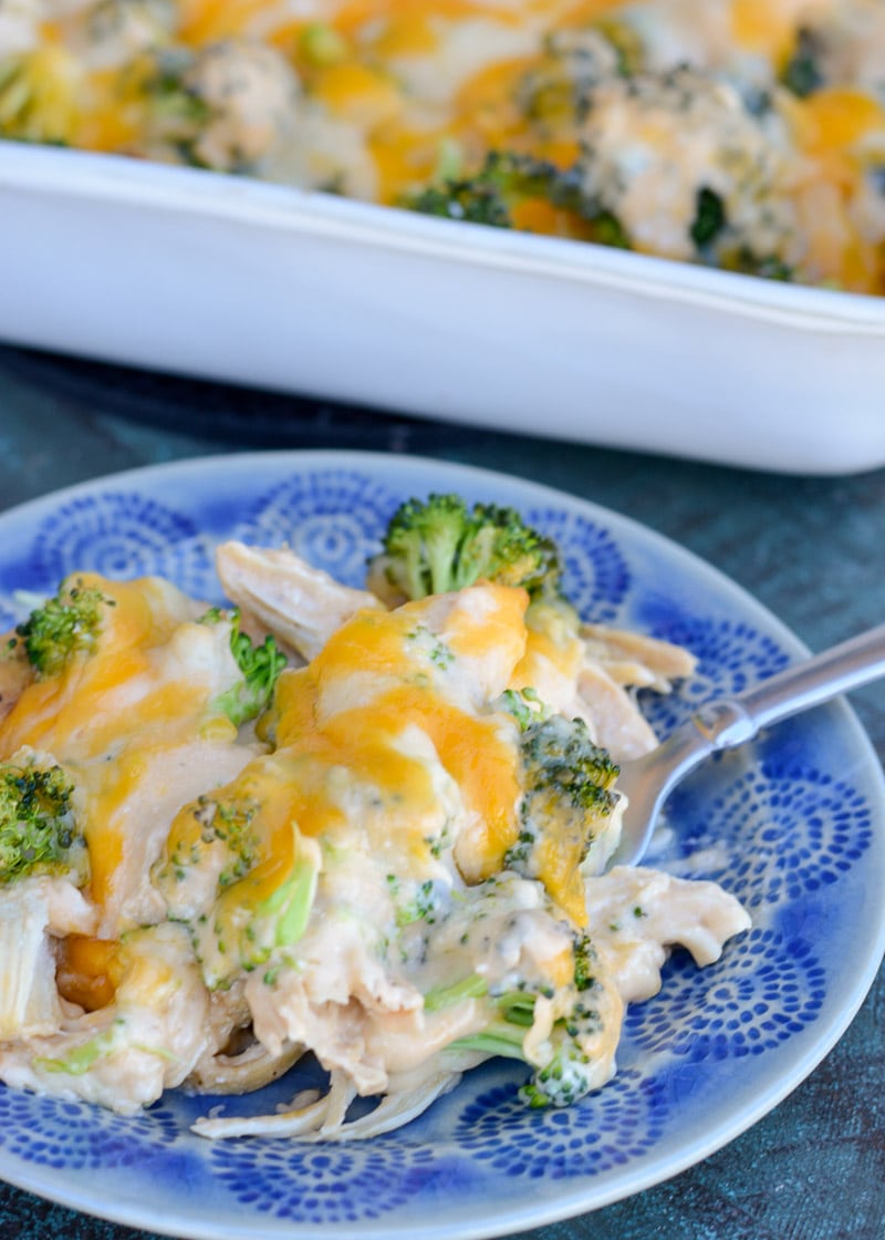 Broccoli Chicken Casserole is packed with shredded chicken, tender broccoli and a creamy cheddar cheese sauce! This low carb, kid friendly casserole has just 5.5 net carbs per serving! 