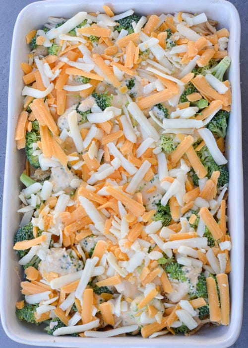 Broccoli Chicken Casserole is packed with shredded chicken, tender broccoli and a creamy cheddar cheese sauce! This low carb, kid friendly casserole has just 5.5 net carbs per serving! 