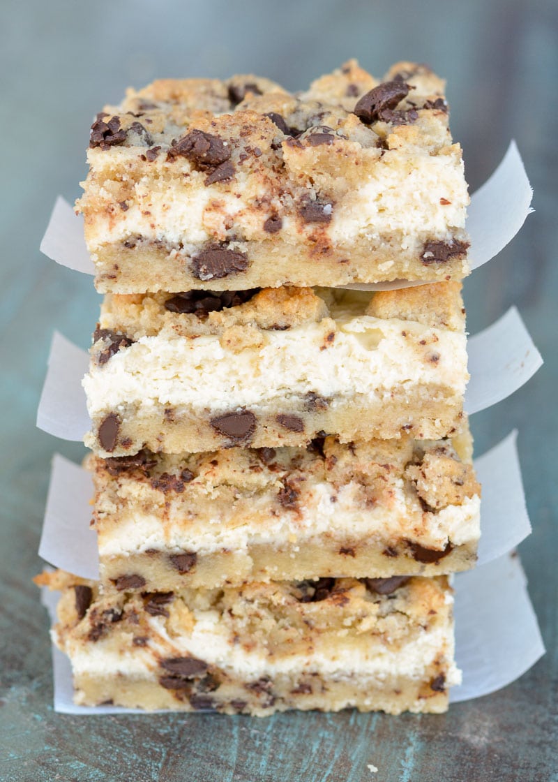 These Keto Chocolate Chip Cheesecake Bars combine sweet and delicious chocolate chip cookie dough with a creamy vanilla cheesecake layer! Each bar has less than 5 net carbs and is gluten free and keto-friendly! 